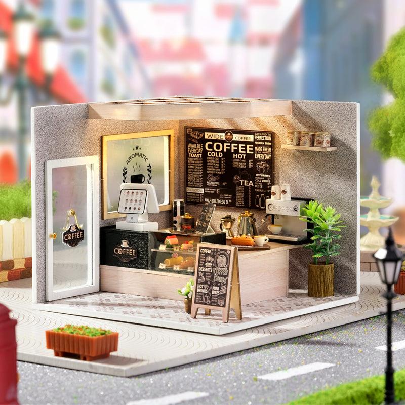 Handmade 1:24 scale cafe room box with an espresso bar and lattice wood ceiling, a realistic model to assemble and showcase