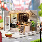 Handmade 1:24 scale cafe room box with an espresso bar and lattice wood ceiling, a realistic model to assemble and showcase