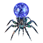 Mechanical spider LED lamp with a glowing blue globe head, steampunk robot decor centerpiece for a desk or shelf