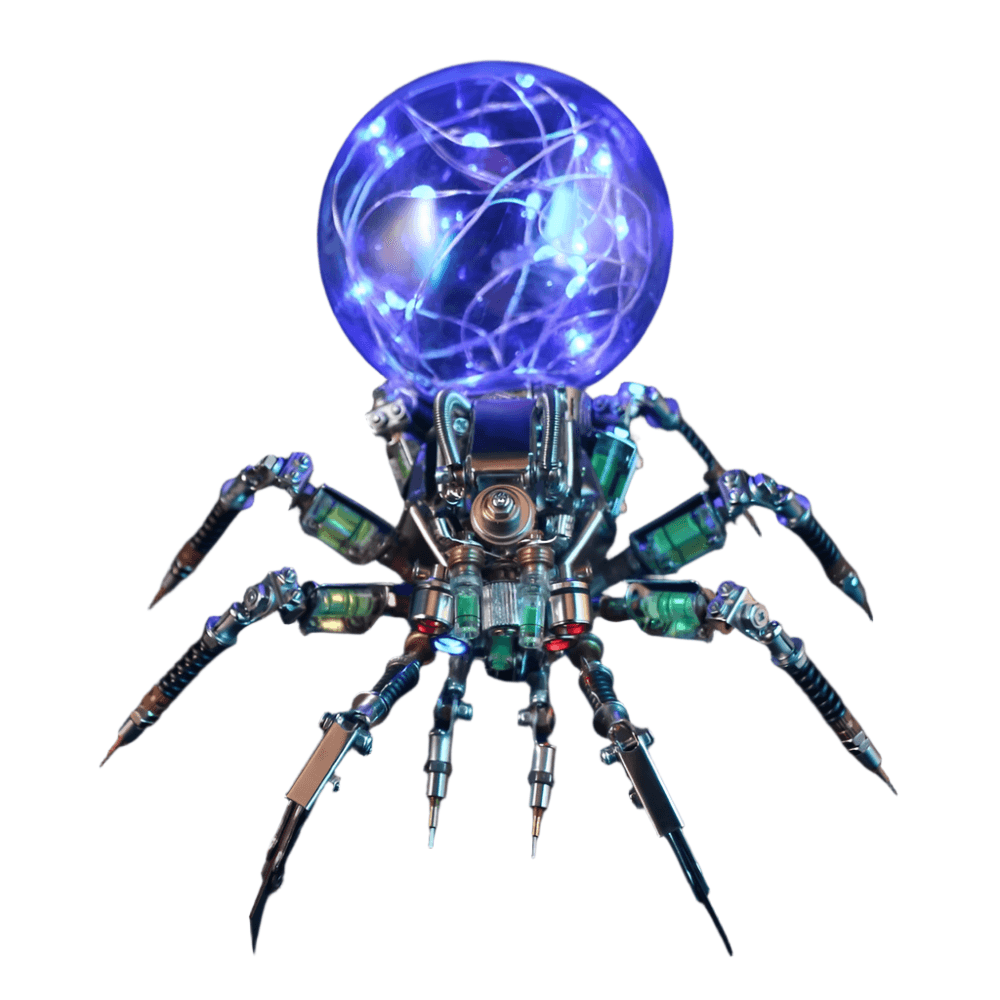 Mechanical spider LED lamp with a glowing blue globe head, steampunk robot decor centerpiece for a desk or shelf