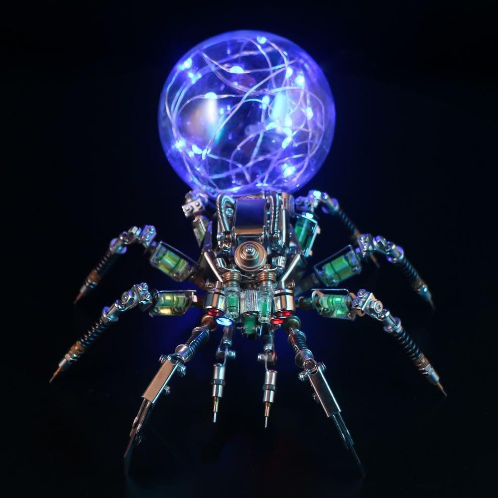 Blue LED globe spider lamp with articulated metal legs, gothic Halloween decor and conversation piece for desk display