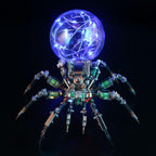 Blue LED globe spider lamp with articulated metal legs, gothic Halloween decor and conversation piece for desk display