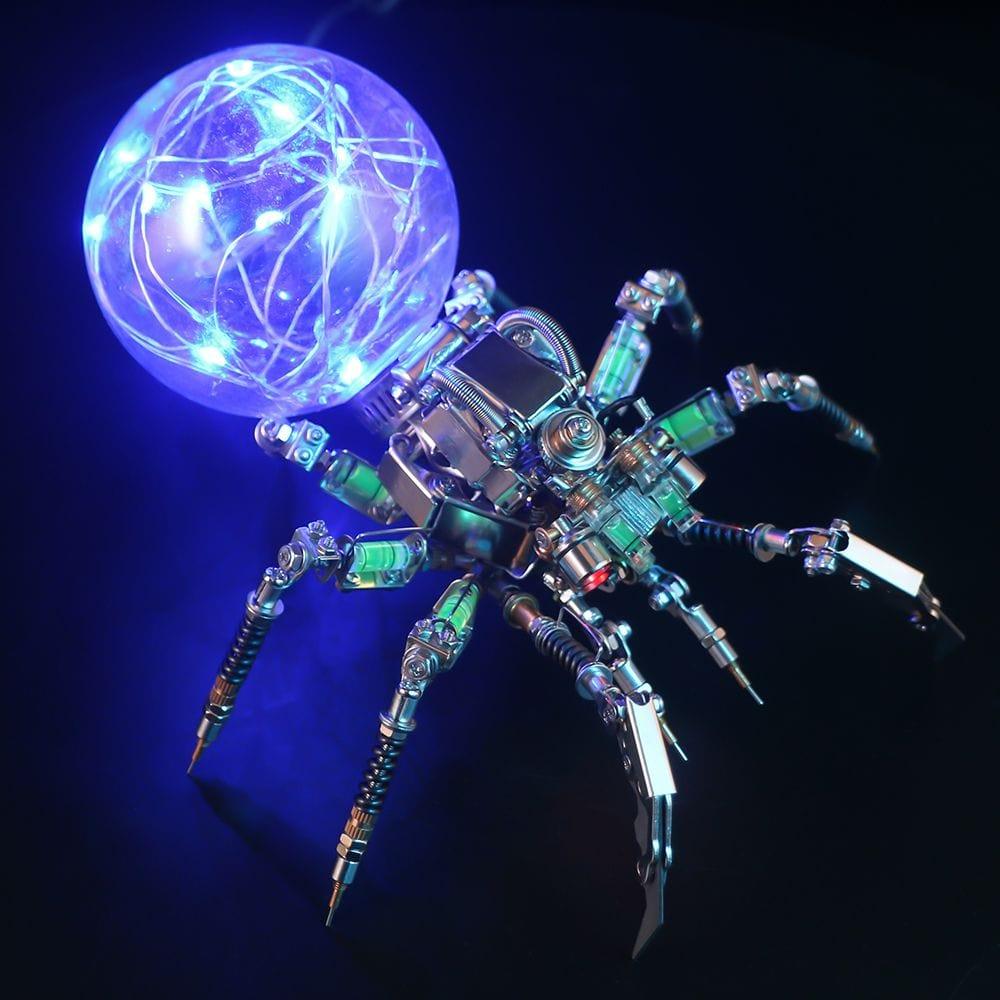 Robot spider lamp with an optical acrylic sphere glowing blue, steampunk room lighting and office desk accent light