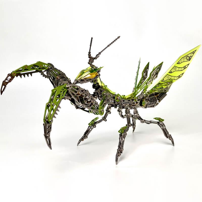 Luminous praying mantis 3D metal model kit built from over 1000 stainless steel parts for adult collectors, available in Green and Purple