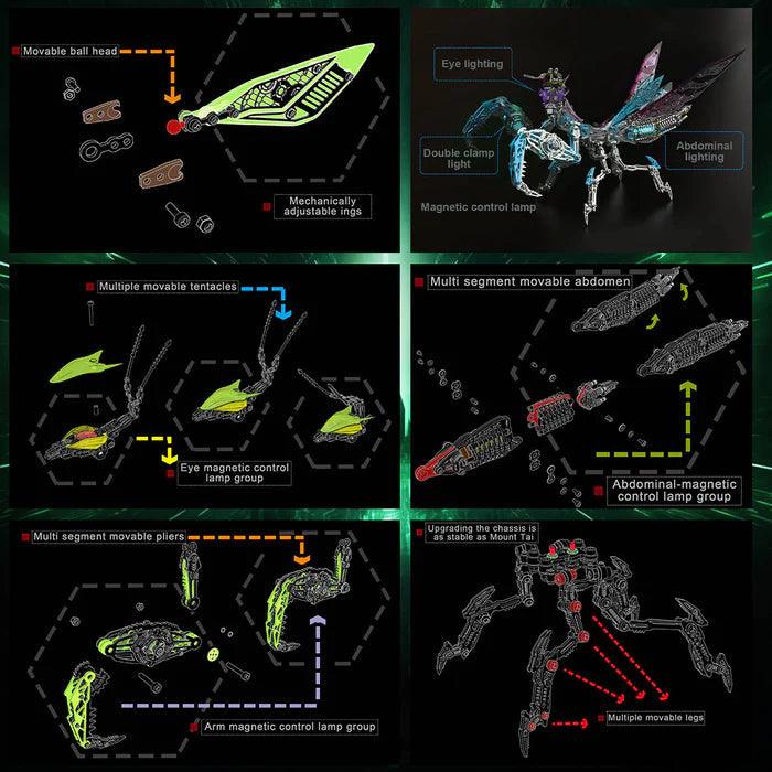 Challenging eight hour 3D metal praying mantis build with over 1000 precision stainless steel parts for adult hobbyists
