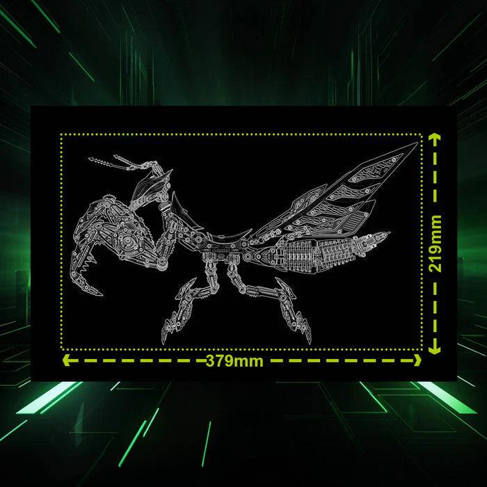 Articulated metal insect sculpture with magnetic LED eyes, arms, and abdomen lighting for desk display, offered in Green and Purple