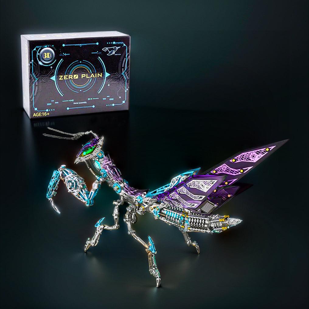 Mechanical praying mantis puzzle with poseable spread wings and a ball jointed head for hobby builders, available in Green and Purple