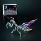 Mechanical praying mantis puzzle with poseable spread wings and a ball jointed head for hobby builders, available in Green and Purple
