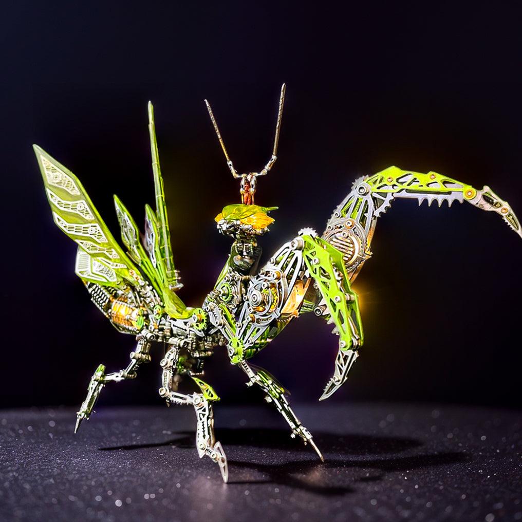 Stainless steel mantis kit assembled with screws and no glue for a reusable adult building project, available in Green and Purple