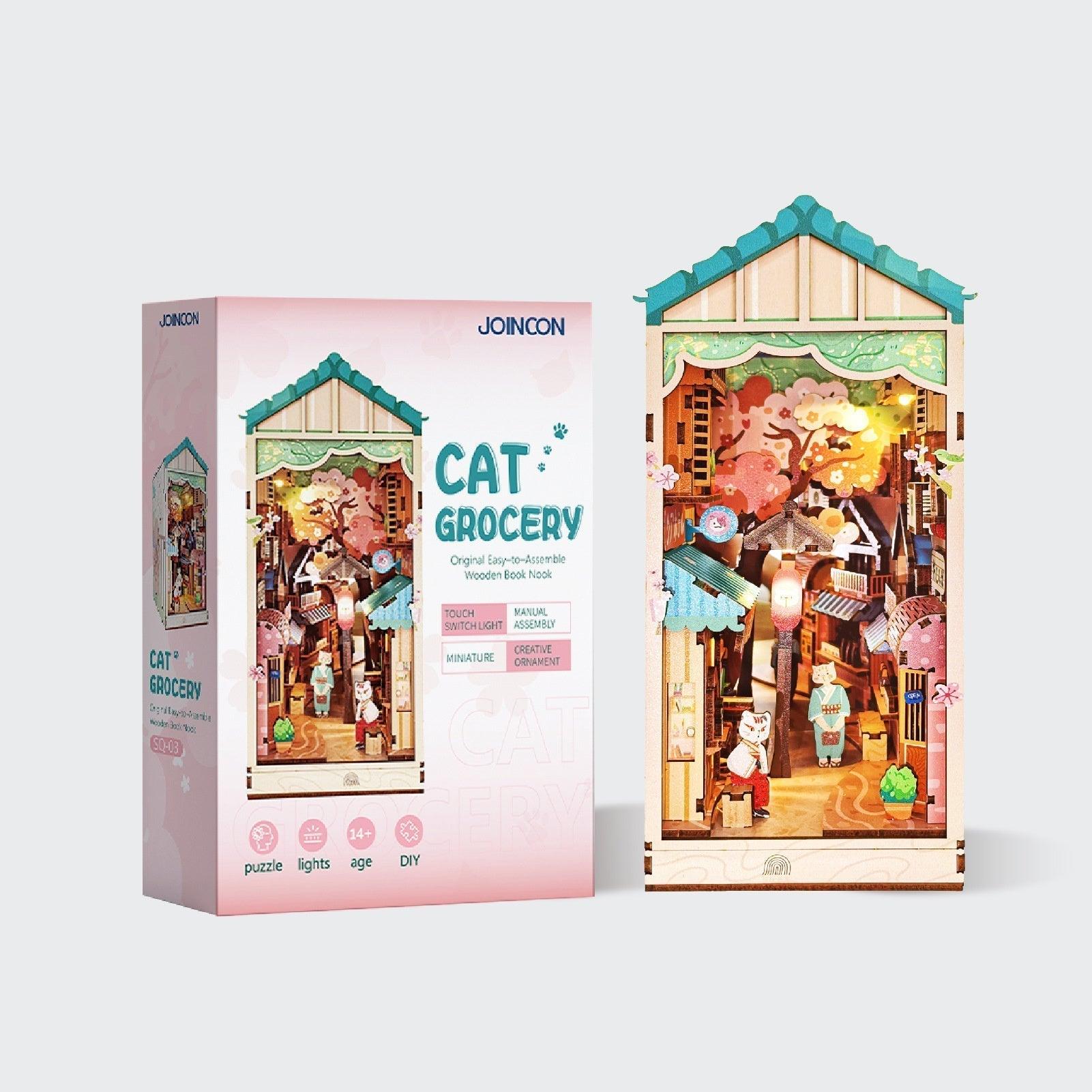 Cozy kitten corner shop book nook kit with warm lighting, a miniature wooden bookshelf diorama for cat loving readers Cat Grocery