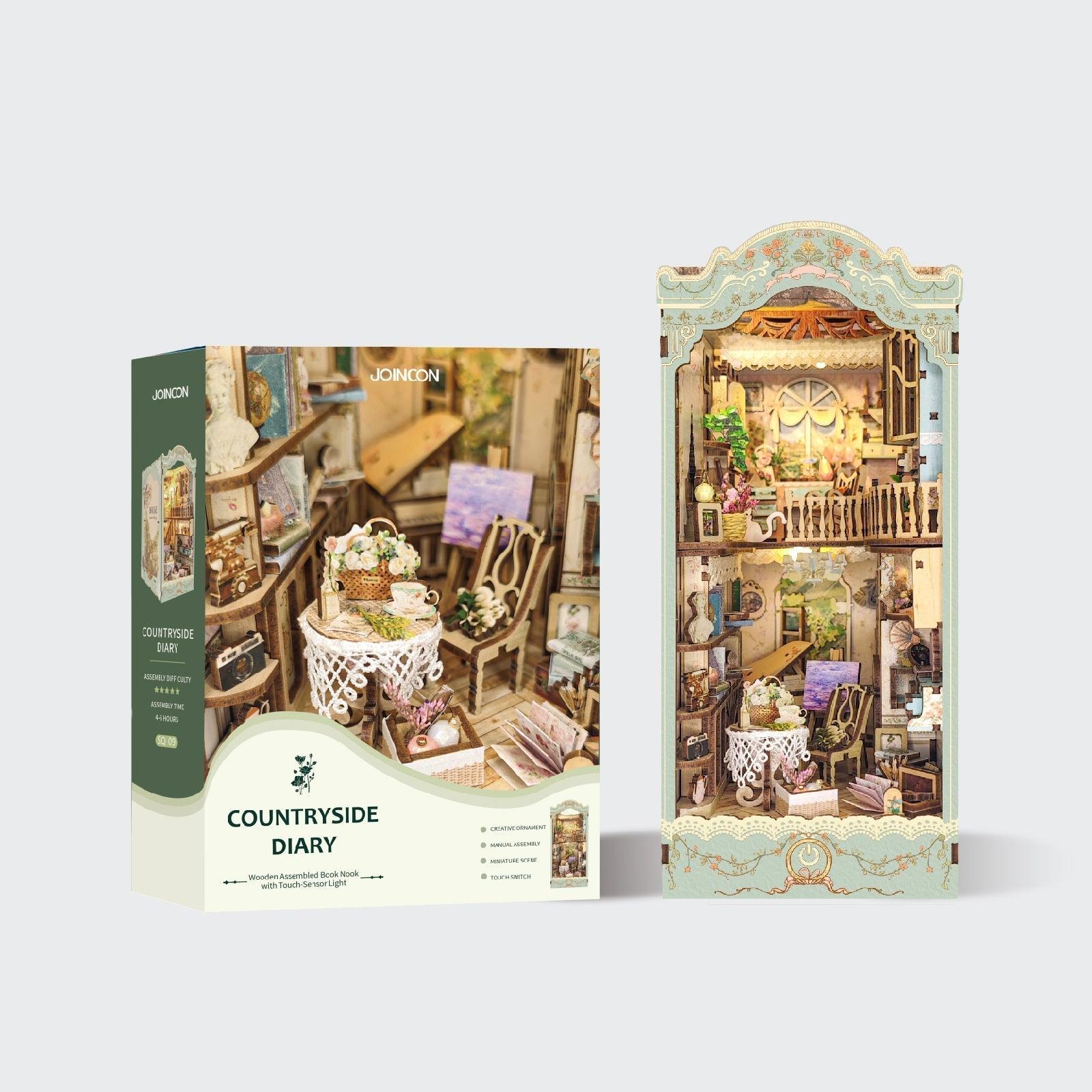 Countryside cottage book nook kit with warm LED light, a pastoral 3D wooden bookshelf diorama for readers and crafters Countryside Diary