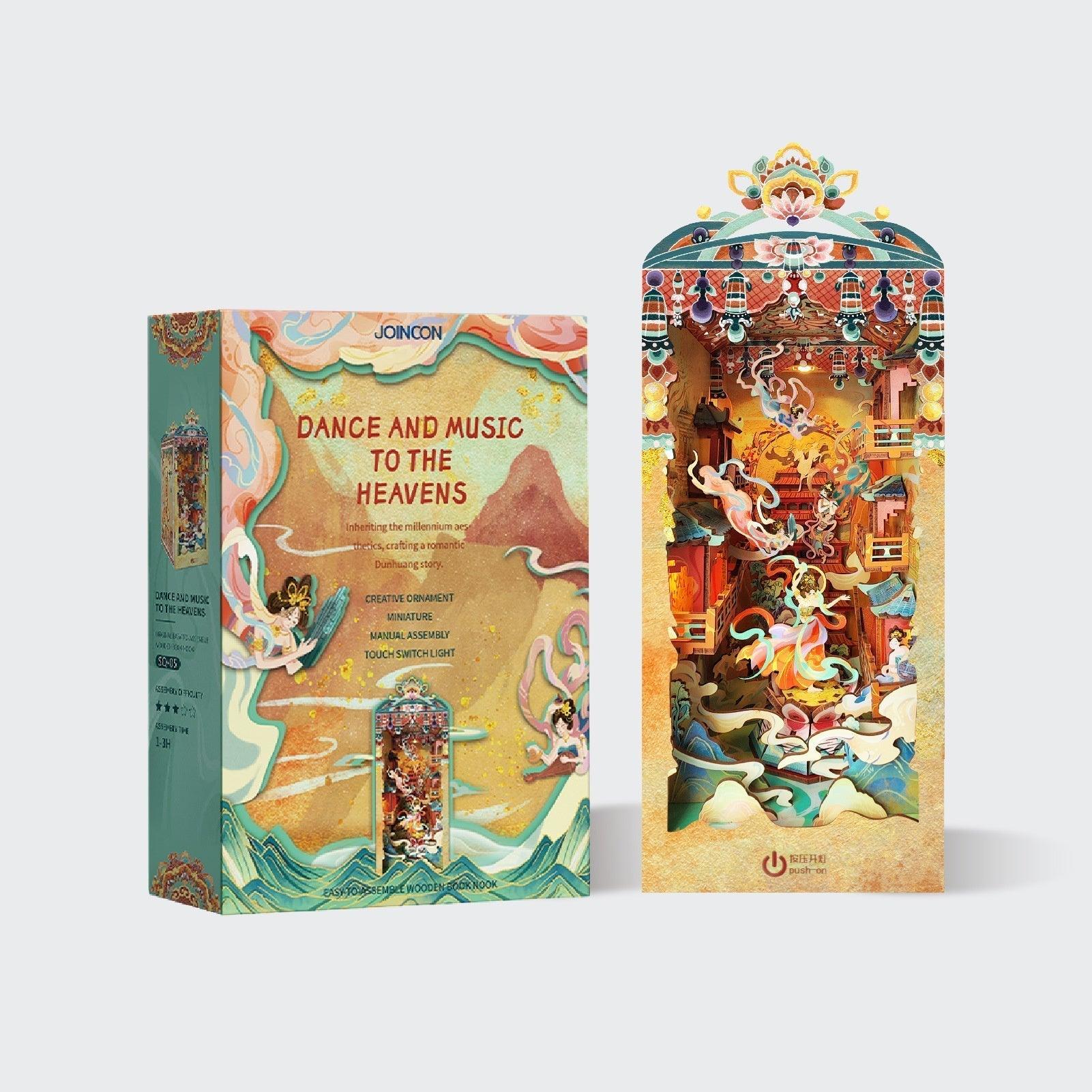 Celestial dancers book nook kit with a flowing musical theme and warm light, a 3D wooden bookshelf insert for readers Dance and Music