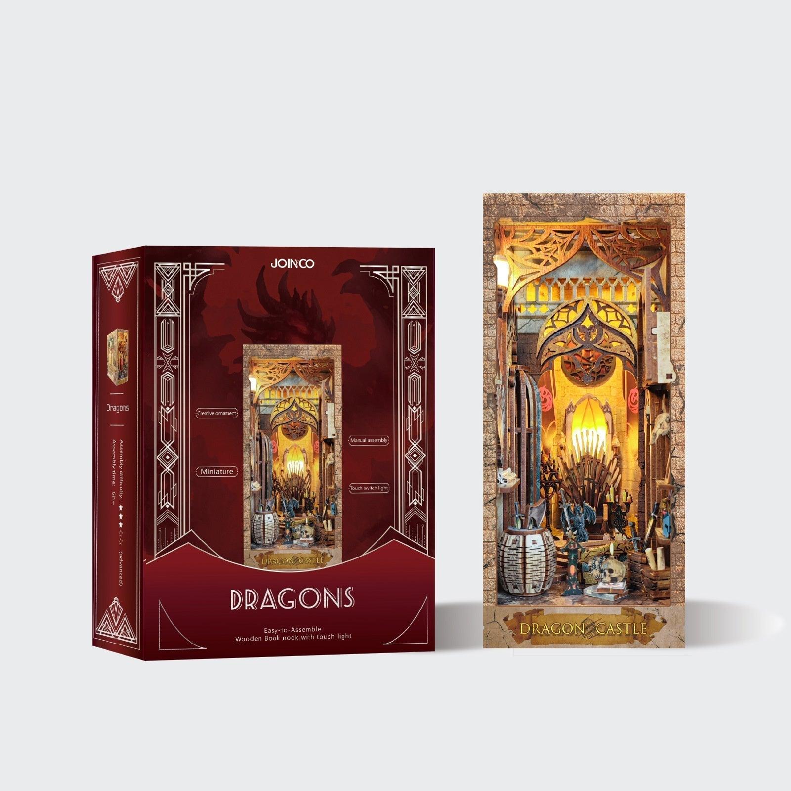 Mythical dragon lair book nook kit with warm LED light, a 3D wooden bookshelf insert and gift for fantasy readers Dragons