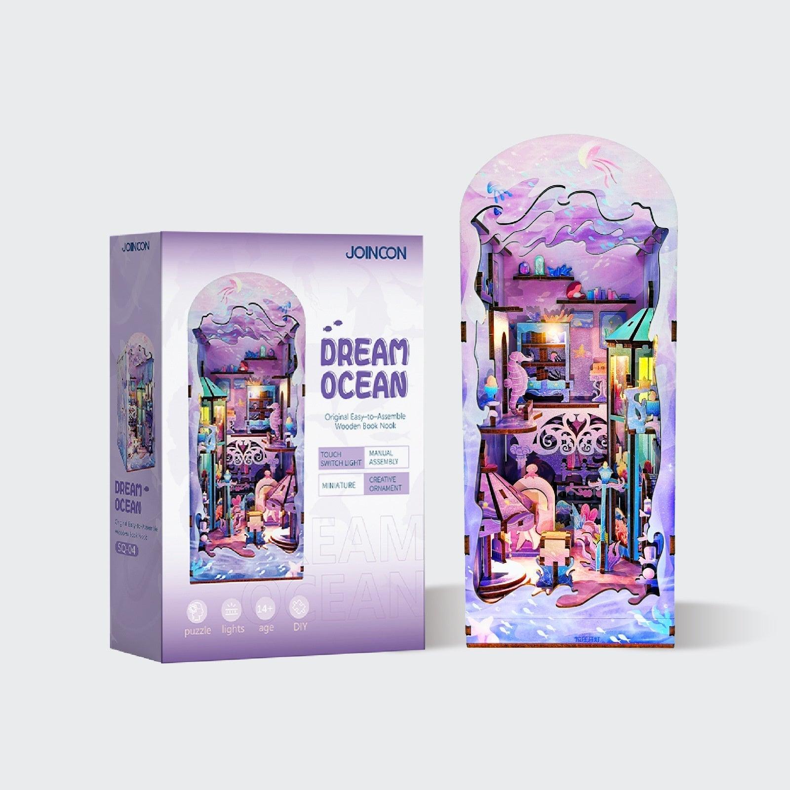 Underwater sea kingdom book nook kit with warm LED light, a 3D wooden bookshelf insert for book lovers and gift givers Dream Ocean