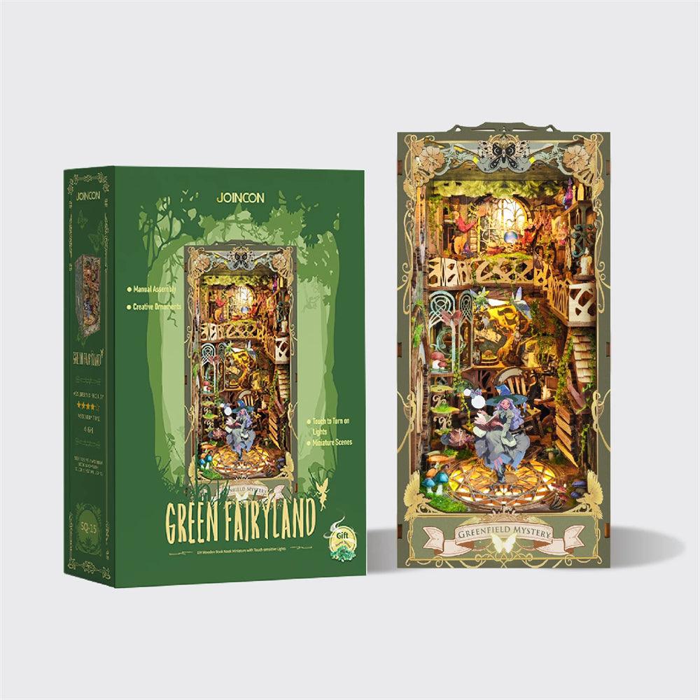 Woodland fairy garden book nook kit with warm LED light, a miniature wooden bookshelf diorama for fantasy book lovers Green Fairy Land