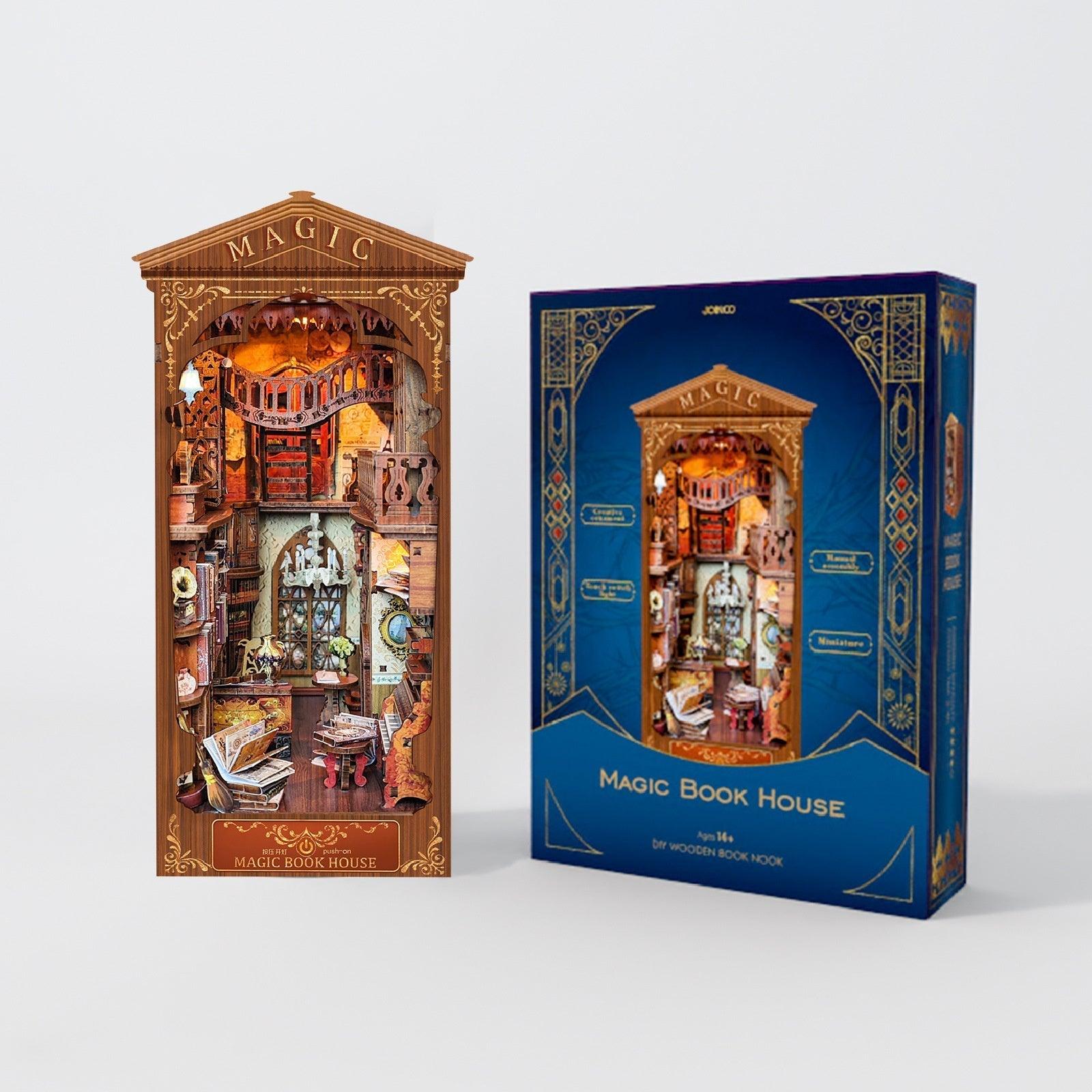 Miniature book house nook kit with warm lighting and tiny shelves, a 3D wooden bookshelf insert for book lovers Magic Book House