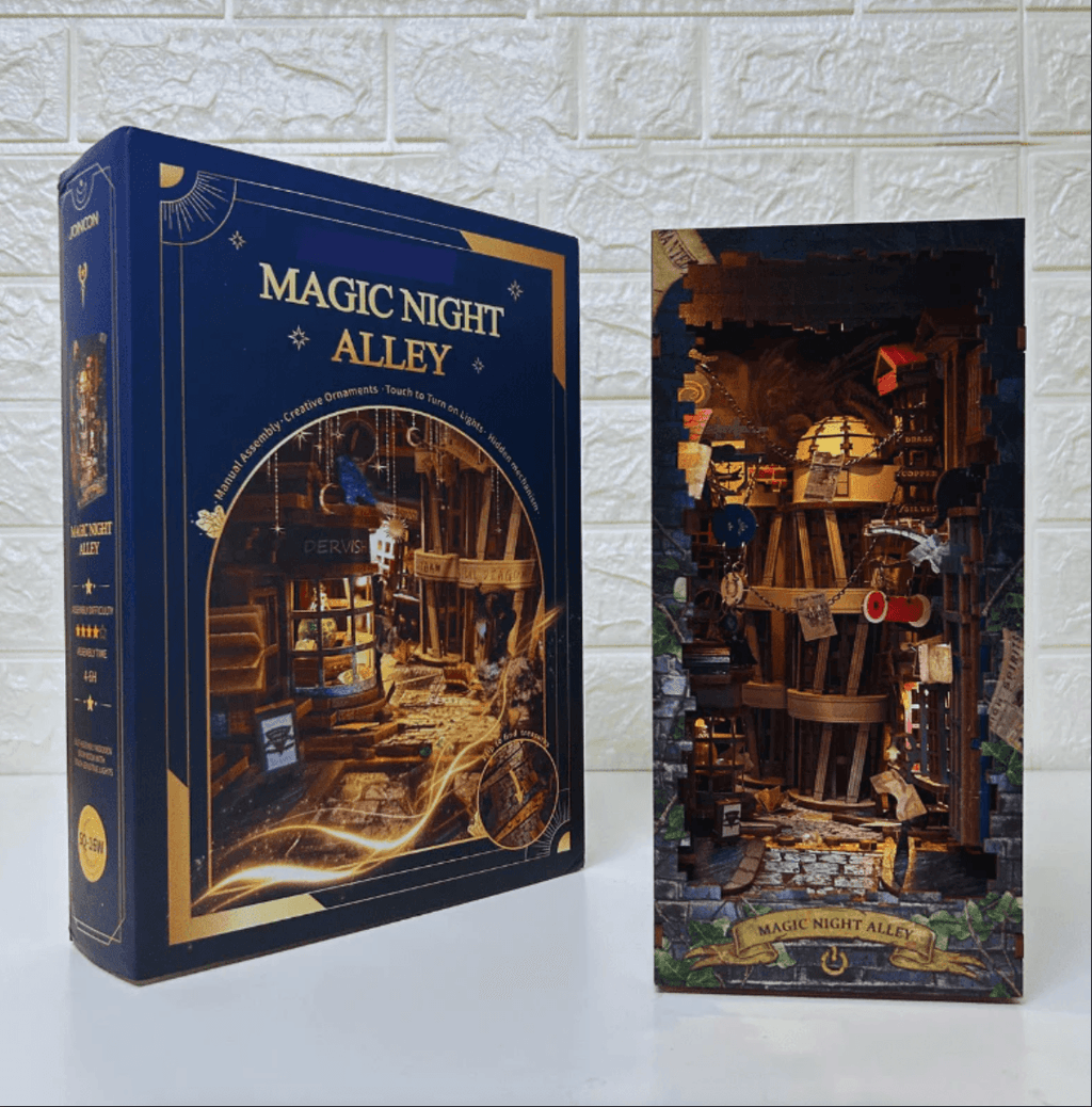 Warm night alley booknook building kit with laser cut wooden parts, a lit miniature scene for a reading room shelf Magic Night Alley