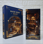 Warm night alley booknook building kit with laser cut wooden parts, a lit miniature scene for a reading room shelf Magic Night Alley