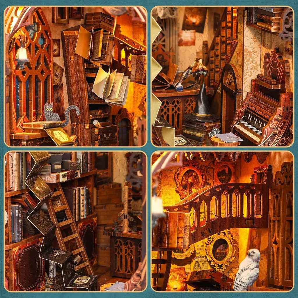 Intricate alley book nook with miniature ladders, lanterns and books, a detailed wooden shelf insert for book lovers Magic Night Alley