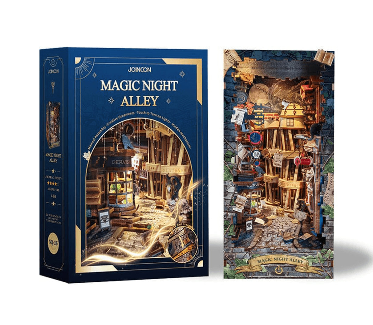 Cluttered lamplit alley book nook kit with tiny books and stairs, an intricate wooden bookshelf diorama for readers Magic Night Alley