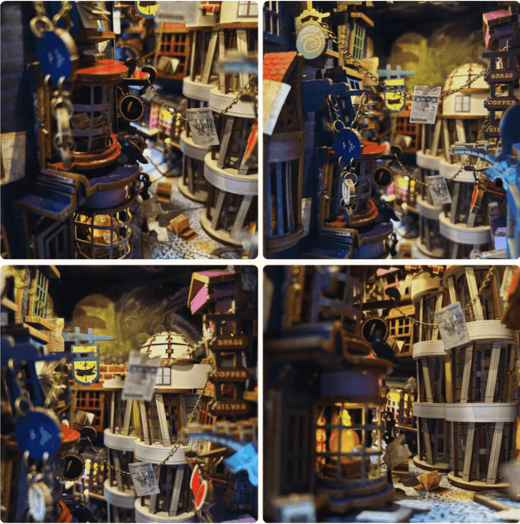 Glowing lantern lit alley booknook with tiny bookshelves, a warm 3D wooden diorama for a bookcase and desk display Magic Night Alley