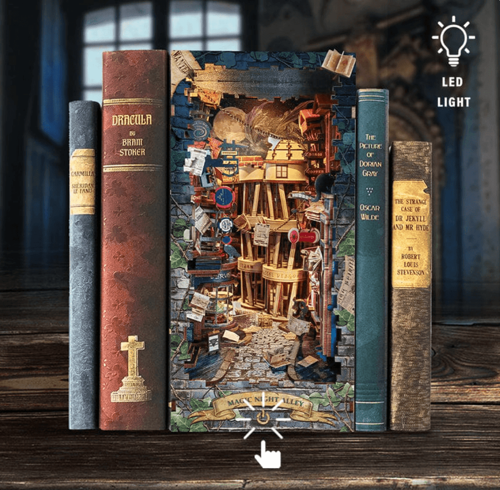 Touch activated warm LED book nook that lights up between real books, a glowing bookshelf insert for readers and crafters Magic Night Alley