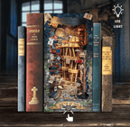 Touch activated warm LED book nook that lights up between real books, a glowing bookshelf insert for readers and crafters Magic Night Alley