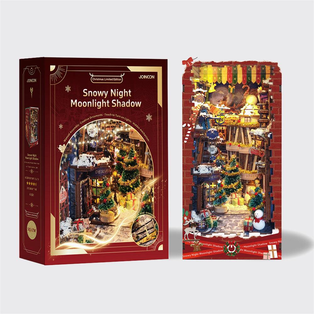 Snowy winter village book nook kit with warm glowing light, a festive 3D wooden bookshelf insert and gift for readers Snow Night