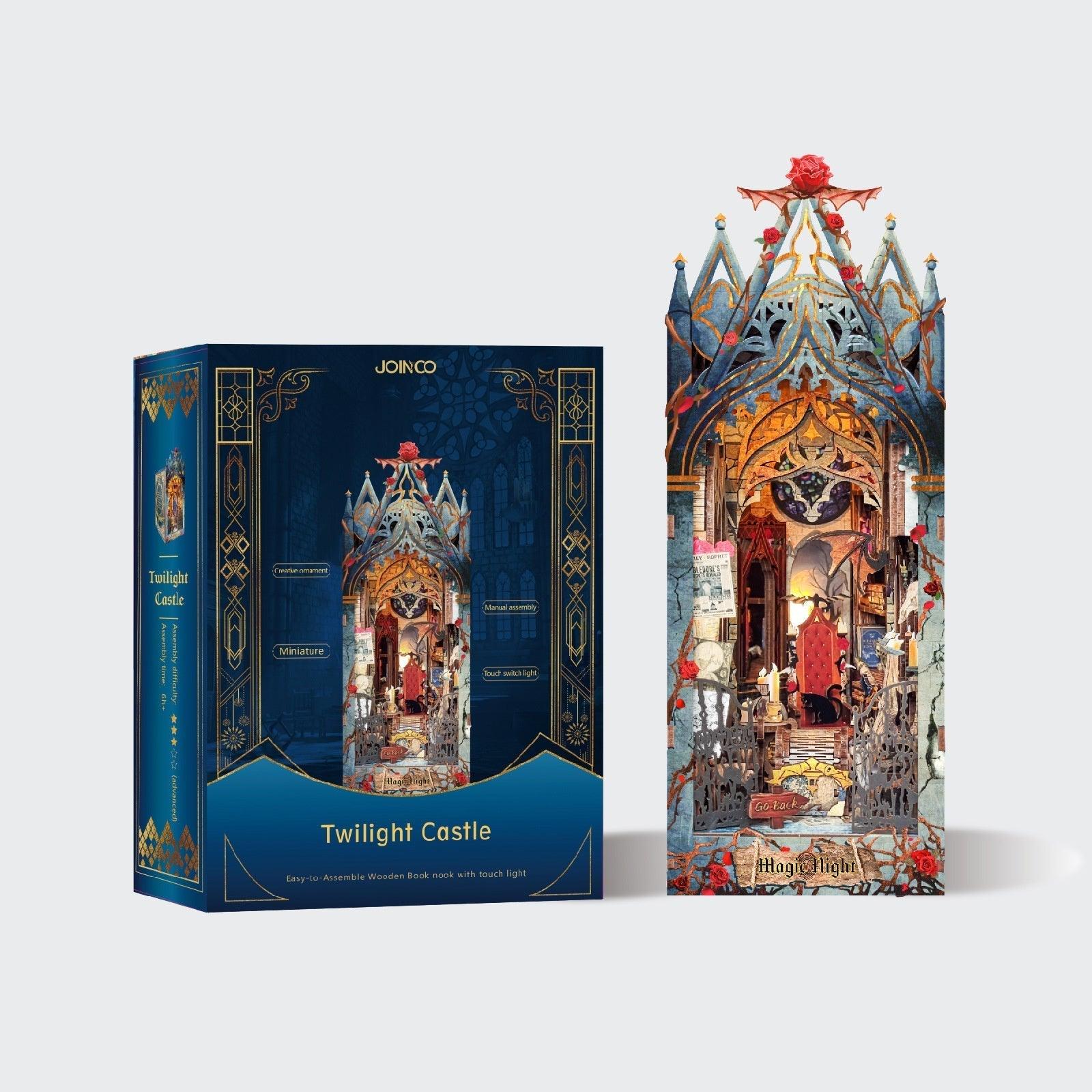 Fairy tale castle spire book nook kit with warm lighting, an ornate wooden bookshelf diorama for readers and crafters Twilight Castle