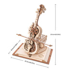 Mechanical cello music box model with visible turning gears, a wind up instrument sculpture and desk display for adults