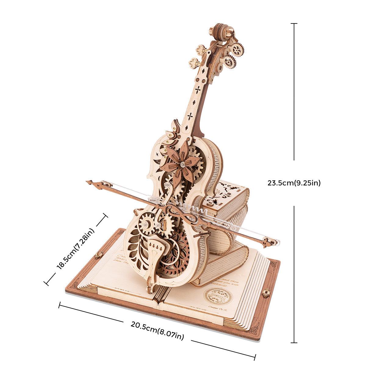 Mechanical cello music box model with visible turning gears, a wind up instrument sculpture and desk display for adults