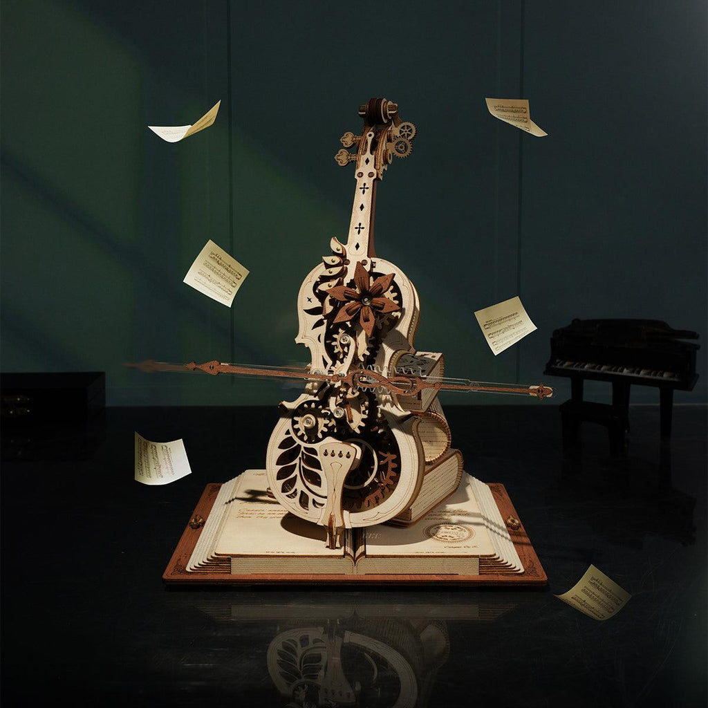 Wind up cello music box with an open gear mechanism that plays Chopin Nocturne, a kinetic wooden puzzle for music lovers
