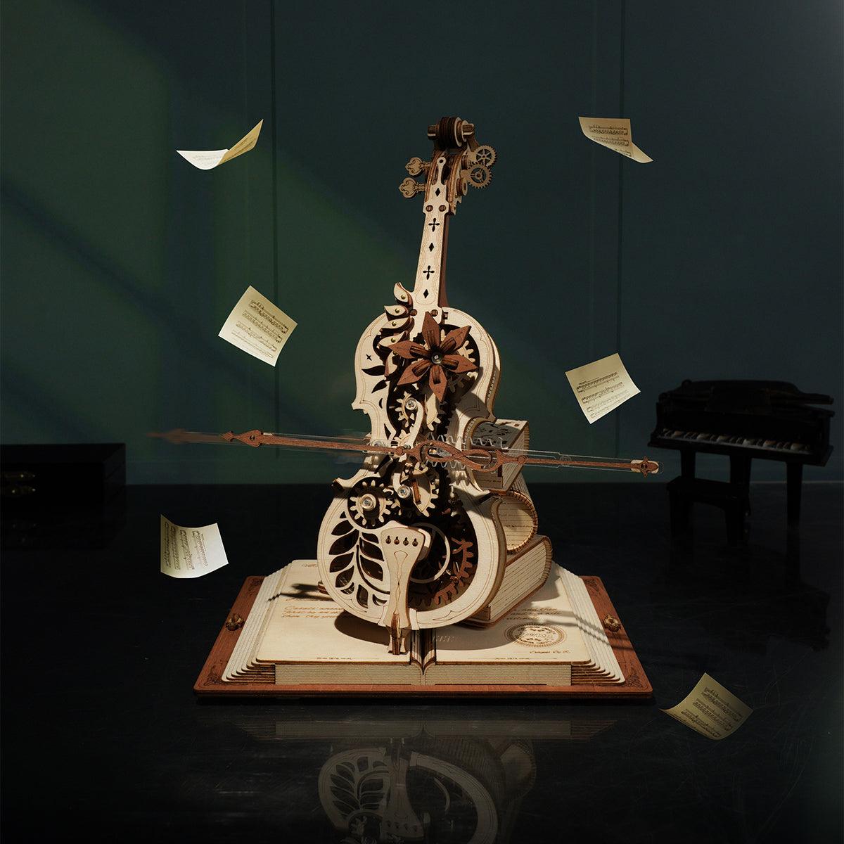 Wind up cello music box with an open gear mechanism that plays Chopin Nocturne, a kinetic wooden puzzle for music lovers