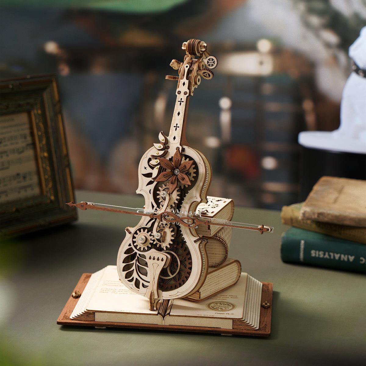 Hand crank cello music box model as kinetic home office decor, a 3D wooden puzzle gift for cello players and puzzle fans
