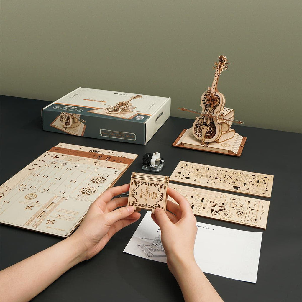No glue mortise and tenon cello music box kit with laser cut wooden parts, an intermediate build project for adult hobbyists