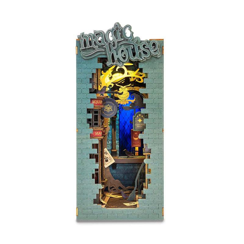 Magic House DIY book nook kit, a lit miniature magic shop bookshelf insert built from 216 pre-colored wooden pieces