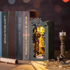 Warm LED magic book nook glowing between real books on a shelf, a fantasy bookshelf insert for cozy home library decor
