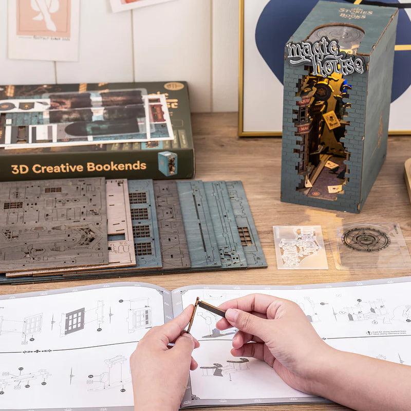 Magic House book nook building kit with pre-cut wooden parts and instructions, a no paint DIY craft project for readers