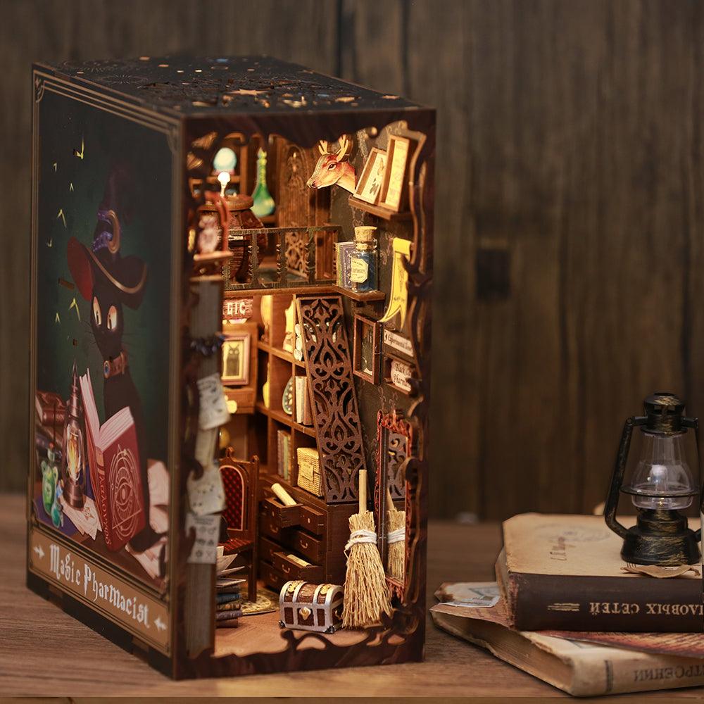 DIY book nook kit that builds a lamplit magic apothecary between your books, a 1:24 miniature bookshelf insert for readers Magic Pharmacist