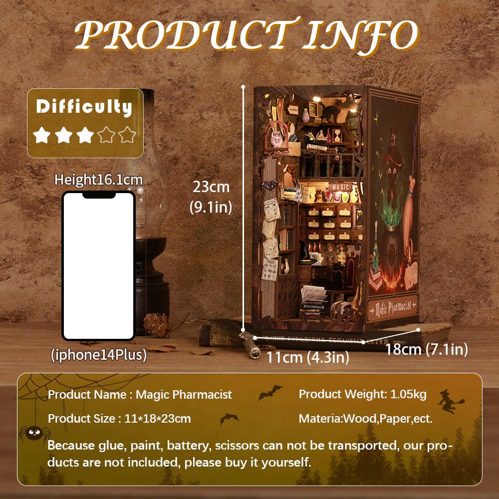 Buildable apothecary book nook at 1:24 scale standing about 23 cm tall, a miniature model craft and gift for teen builders Magic Pharmacist