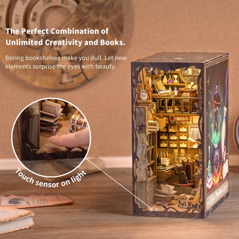 Book nook shelf insert with warm LED lighting and a touch sensor switch, a glowing miniature apothecary for a reading shelf Magic Pharmacist