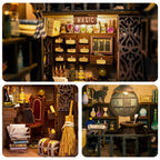 Detailed apothecary shelves lined with tiny potion jars and spell books, a hand built miniature book nook for fantasy fans Magic Pharmacist