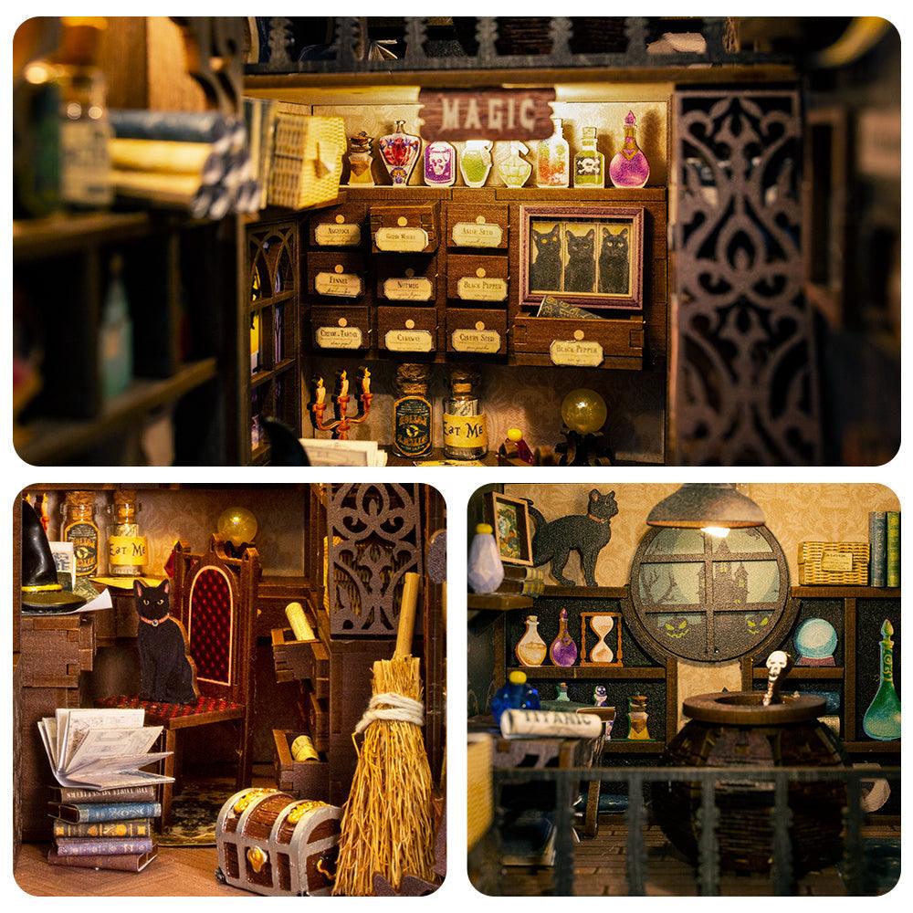 Detailed apothecary shelves lined with tiny potion jars and spell books, a hand built miniature book nook for fantasy fans Magic Pharmacist