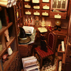 Miniature wizard study with a black cat and a pointed hat inside a lit book nook, a magical diorama craft for adult hobbyists Magic Pharmacist