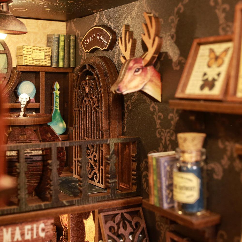 Tiny secret room scene with a mounted stag and glowing curios inside a book nook, a mystical bookshelf build for collectors Magic Pharmacist