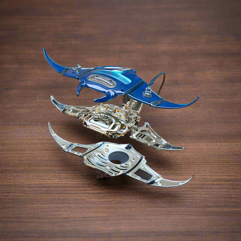 Marine manta ray kinetic metal model with dynamic swimming action for biomimicry and ocean life lovers