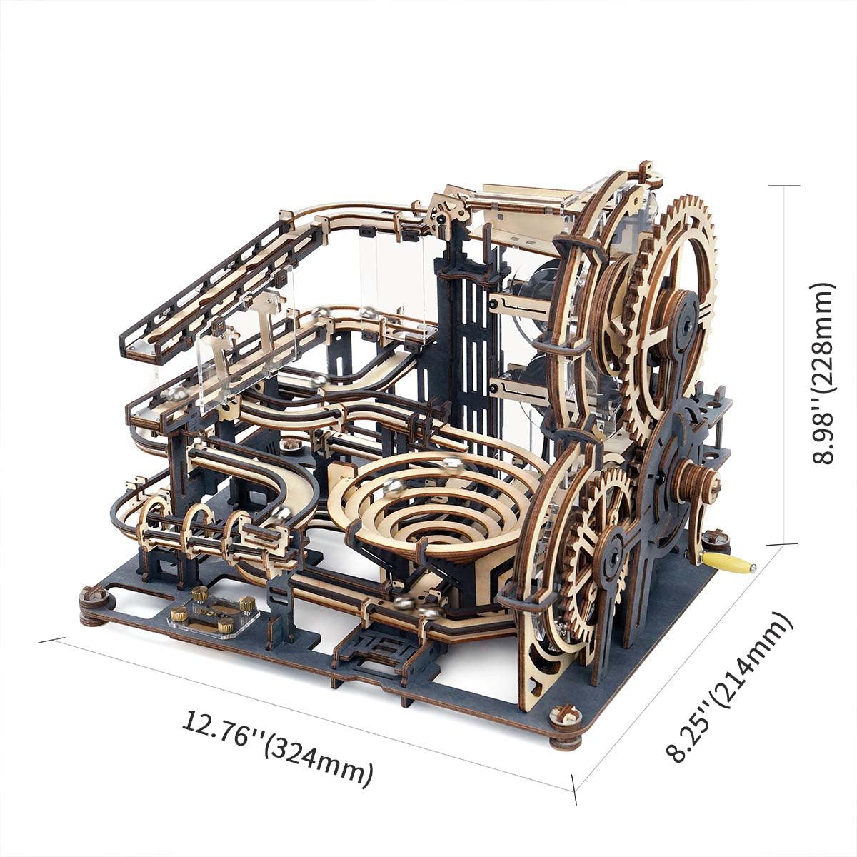 294 piece wooden marble run sized for desk or shelf display, a mechanical STEM model kit for teens and hobbyists