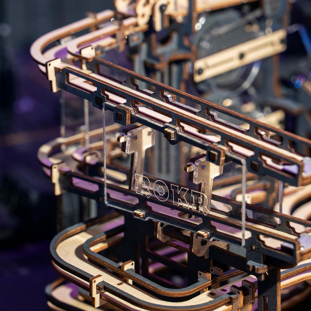 Laser-cut wood and clear acrylic marble run track rails, a detailed 3D wooden puzzle and STEM gift for hobbyists