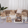Wooden marble run collection of five STEM models including Funnel Parkour, Fortress Cascader and Marble Night City for teens and adults