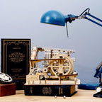 Swingback Explorer marble run with swingback rails, a crane lifter and spoked gears, a mechanical engineering kit for adults